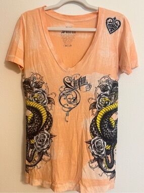 Sinful By Affliction Graphic Tee Size M Orange Y2K Cyber Grunge Snake Rose